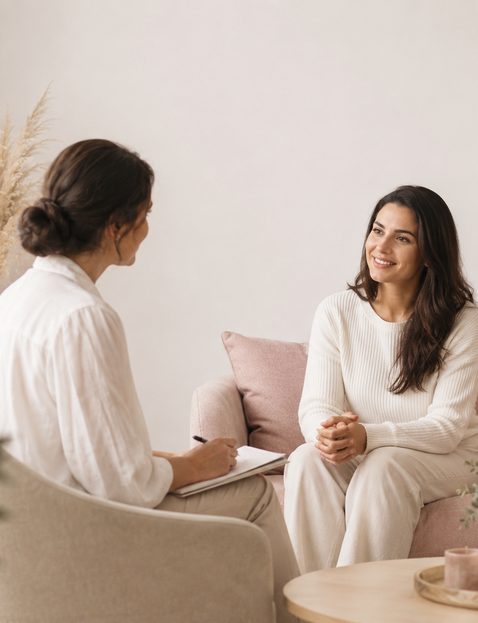A breast wellness consultation between two women in a calm, comfortable setting